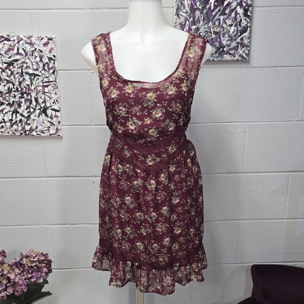 Band of Gypsies Burgundy Floral Scoop Neck Mini Dress